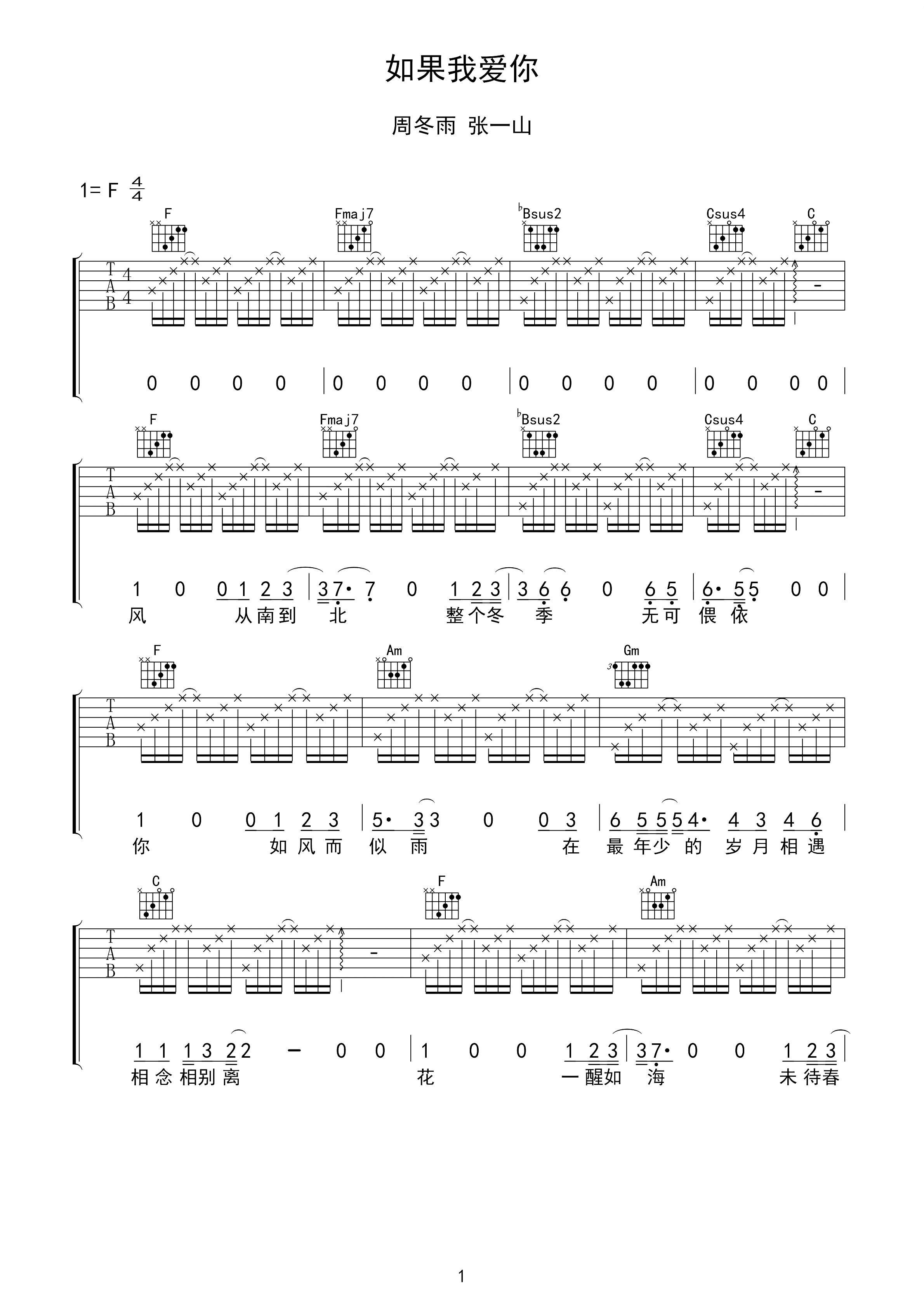 如果我爱你吉他谱 张一山/周冬雨-如果我爱你  情随遇而相惜相依1