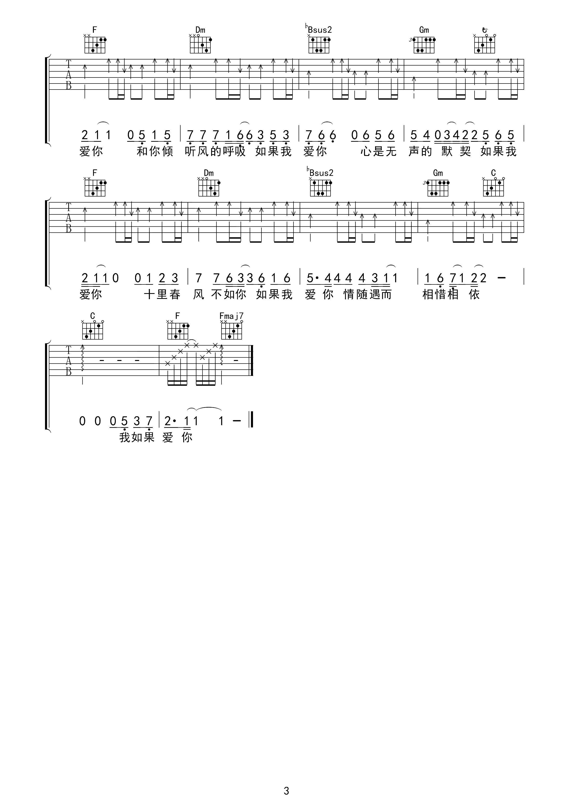 如果我爱你吉他谱 张一山/周冬雨-如果我爱你  情随遇而相惜相依3