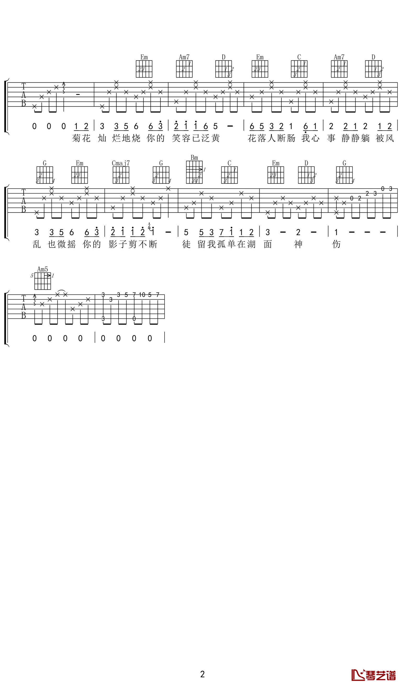 菊花台曲谱by周杰伦D调吉他谱第(2)页