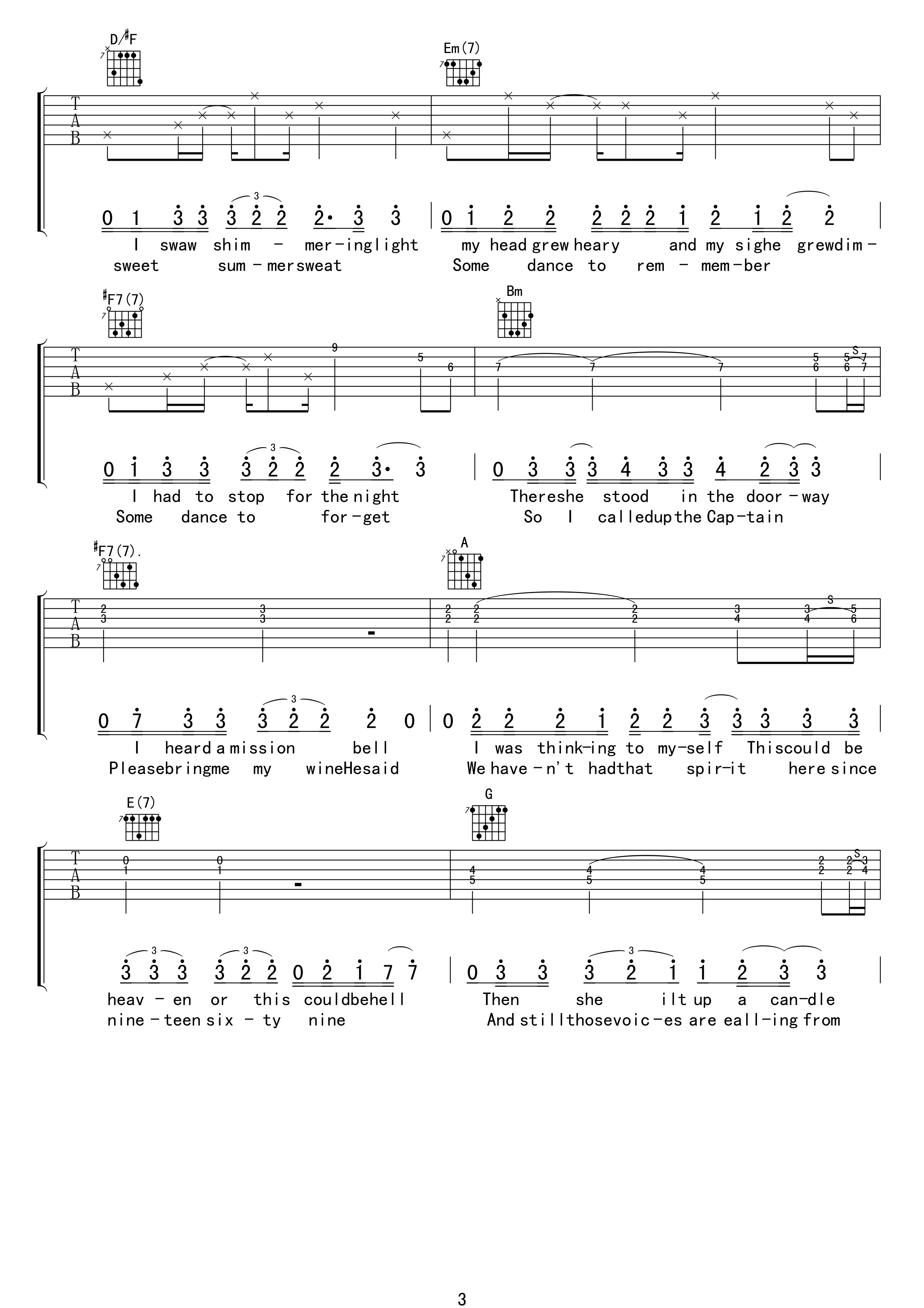 加州旅馆曲谱D调吉他谱第(3)页