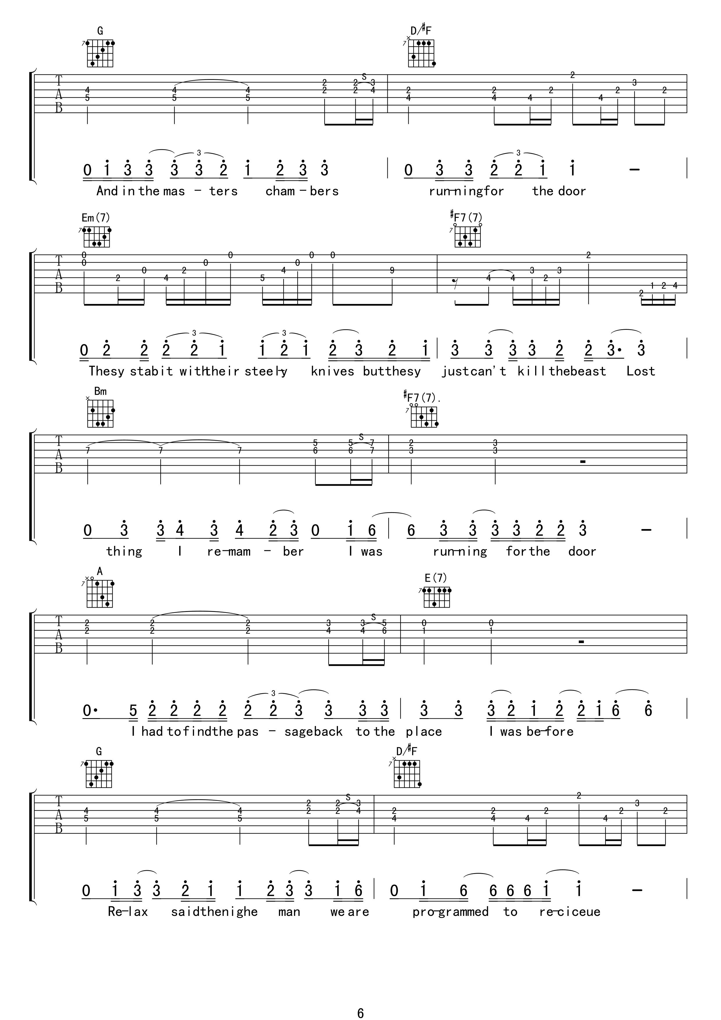 加州旅馆曲谱D调吉他谱第(6)页