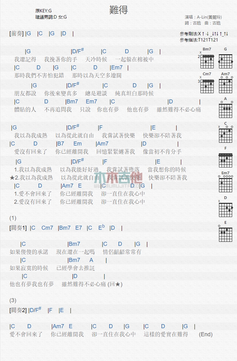 难得吉他谱简单版